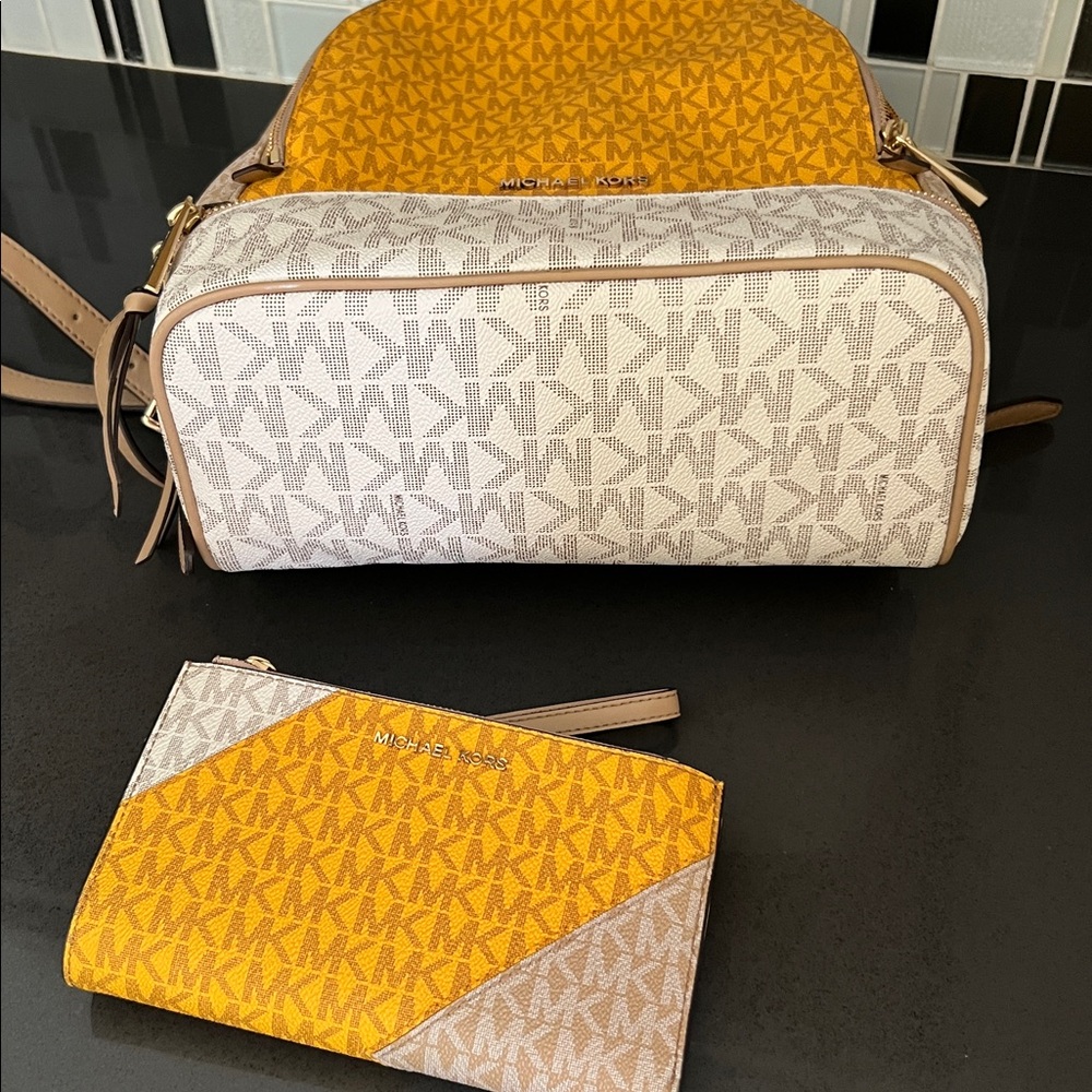 Michael Kors Yellow and Tan MK Logo Backpack with Wallet - Picture 5 of 5
